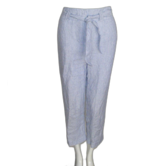 CHICOS Pants, 0.5/6R, Linen, Paper Bag Waist, Blue/White, Stripes, Sash belt - Picture 1 of 12